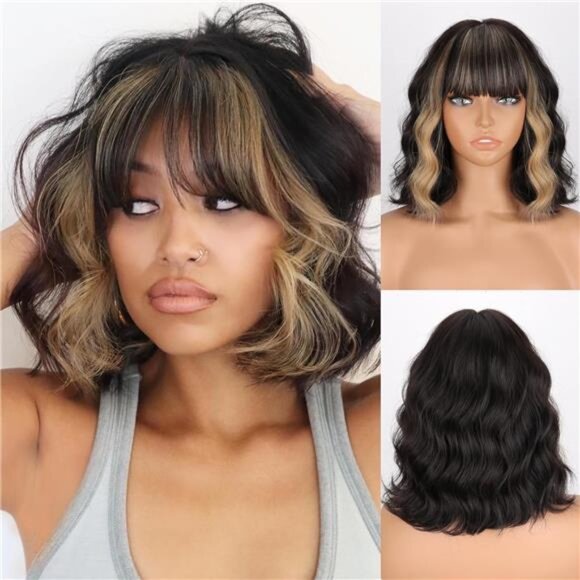 Black Blonde Wig with Bangs Short Highlights Curly Wig Heat Resistant